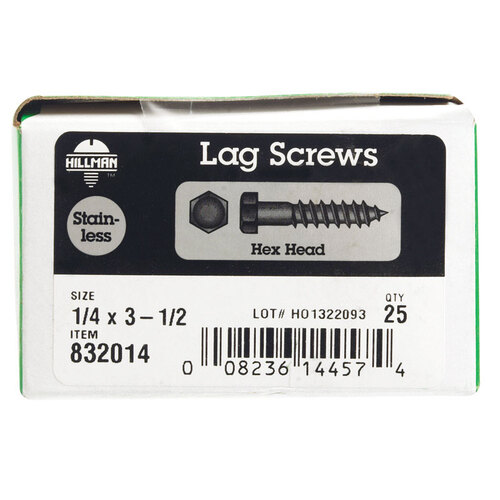 Lag Screw 1/4" X 3-1/2" L Hex Stainless Steel