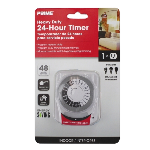 Prime TNINL2412-RC 24 Hour Mechanical Timer with Nightlight and Grounded Outlet Indoor 125 V White White