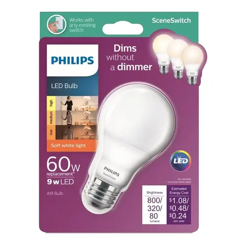 Philips 464883 LED Bulb Scene Switch A19 E26 (Medium) Soft White 60 W Soft White