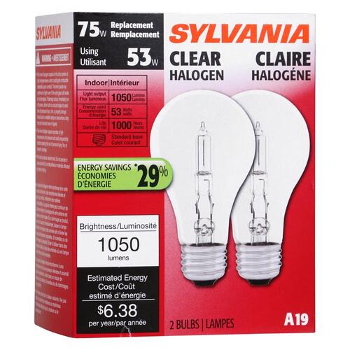 Sylvania 52555 Halogen Bulb, 53 W, Medium E26 Lamp Base, A19 Lamp, 1050 Lumens, 2950 K Color Temp, 1000 hr Average Life - pack of 2