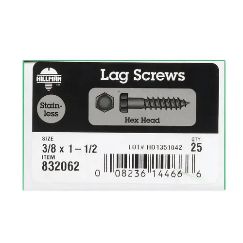 Lag Screw 3/8" X 1-1/2" L Hex Stainless Steel