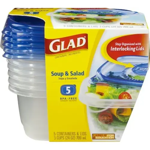 GLAD 60796 24 Oz. Clear Rectangle Soup & Salad Container (5-Pack)