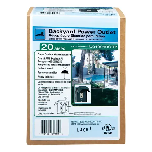 General Electric U010010GRP Outdoor Power Outlet, 120 V, 20 A, NEMA: NEMA 3R, Green