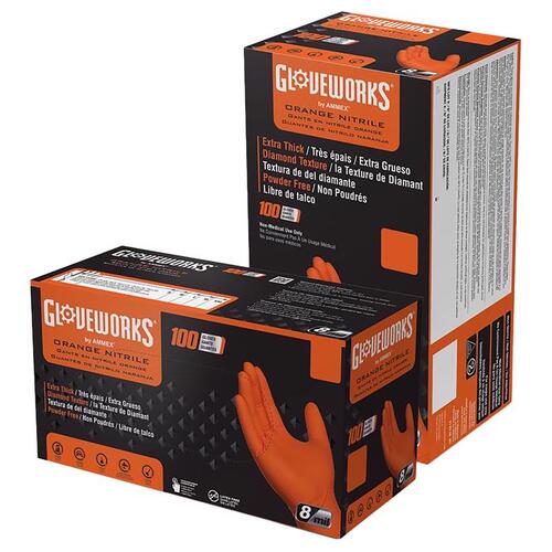 Ammex GWON49100 Orange Powder Free Disposable Gloves - Industrial Grade - Diamond Finish
