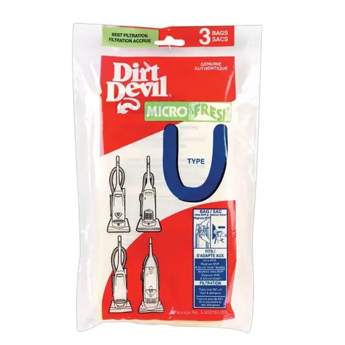 Dirt Devil 3920750001 Type U Allergen Filtration Vacuum Bag - pack of 3