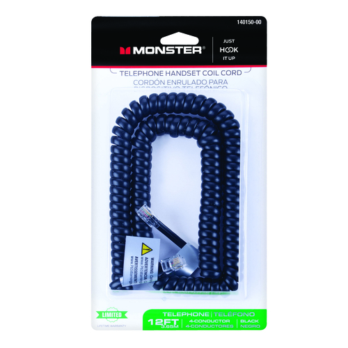 Monster 140150-00 Telephone Handset Coil Cord Just Hook It Up Black Black ft.