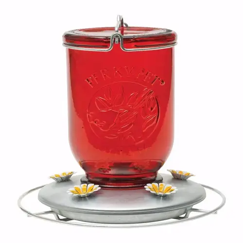 Nectar Feeder Hummingbird 32 oz Glass/Metal Mason Jar 5 ports Red