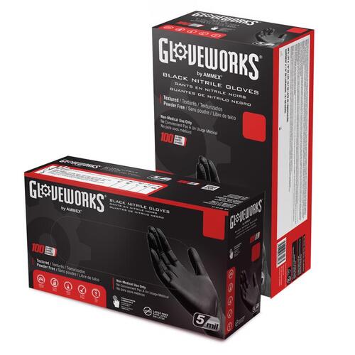 Gloveworks GPNB46100 Disposable Gloves Nitrile Large Black Powder Free Polymer Coated