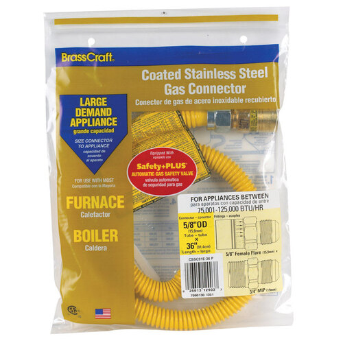 BrassCraft CSSC91R-36 P Gas Connector ProCoat 5/8" Female Flare X 3/4" D MIP 36 ft. Stainless Steel Yellow