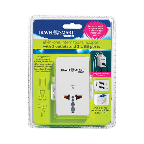 Travel Smart TS240X Adapter Plug w/USB Port Type A For Worldwide White