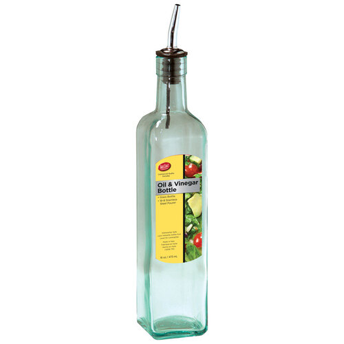 TABLECRAFT H916 Oil and Vinegar Bottle w/Pourer Clear Glass/Steel 16 oz Clear