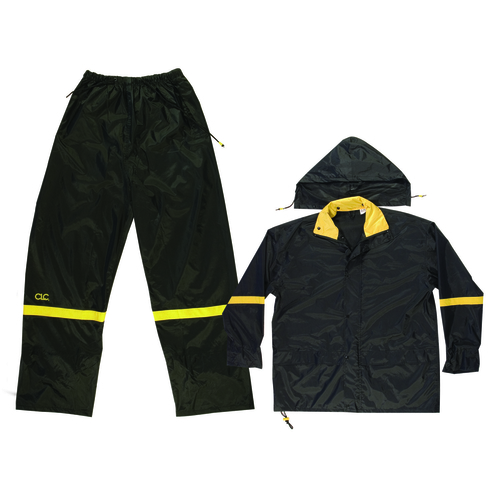 Rain Suit, 2XL, 190T Nylon, Black/Yellow, Detachable Collar, Zipper Closure