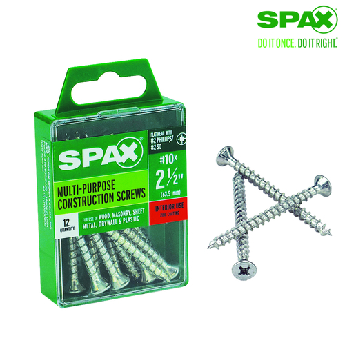 Spax 5338256 Multi-Purpose Screws No. 10 X 2-1/2" L Phillips/Square Flat Head Zinc-Plated