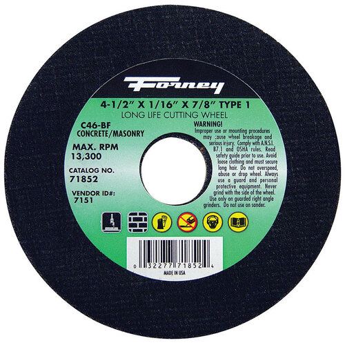 Forney 2329431 Masonry Cutting Wheel 4-1/2" D X 7/8" Silicon Carbide