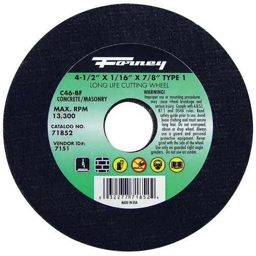 Masonry Cutting Wheel 4-1/2" D X 7/8" Silicon Carbide