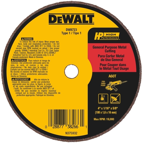DEWALT DW8723 Cut-Off Wheel High Performance 4" D X 5/8" S Aluminum Oxide