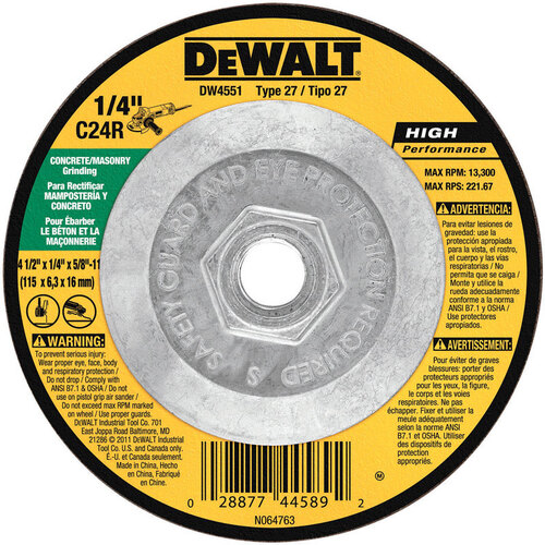 Masonry Grinding Wheel High Performance 4-1/2" D X 1/4" thick T X 5/8" S