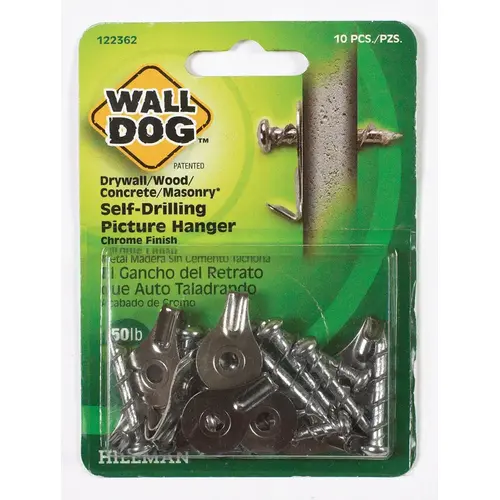 Picture Hanger WALL DOG Chrome Gold Self-Drilling 50 lb Chrome - pack of 10