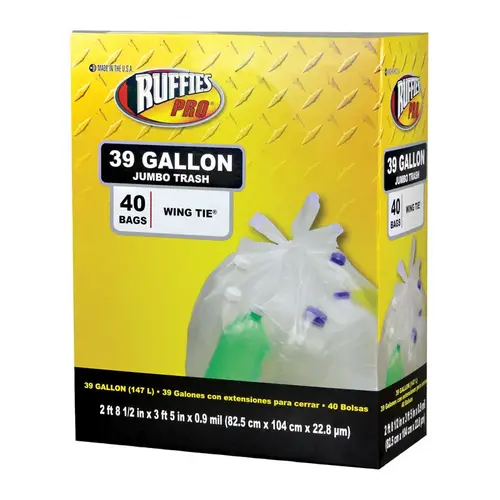 Ruffies 1124921 Trash Bags Pro 39 gal Wing Ties 40 pk 0.9 mil Clear