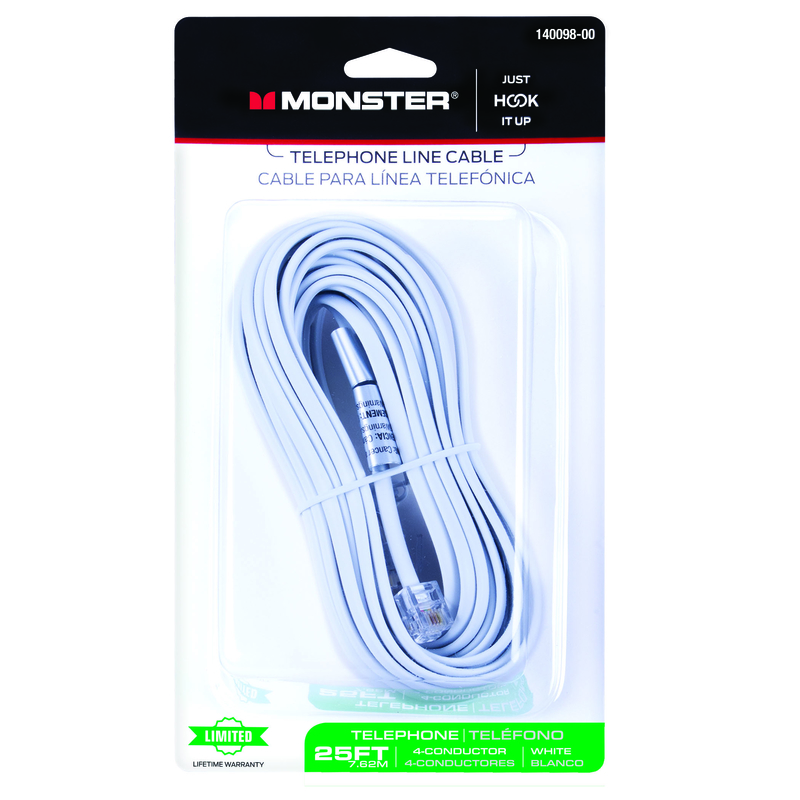 Monster 140098-00 Modular Telephone Line Cable Just Hook It Up 25 ft. L White White