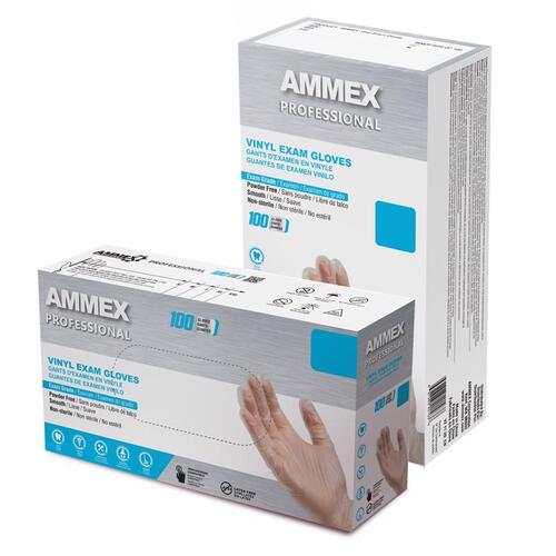 Ammex VPF64100 Disposable Exam Gloves Professional Vinyl Medium Clear Powder Free Polymer Coated