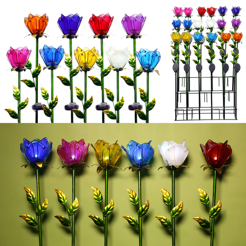 Outdoor Garden Stake Multi-color Glass 33" H Tulip Petals Multi-color