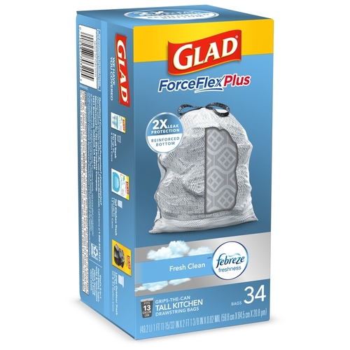 GLAD 6185607 Tall Kitchen Bags ForceFlex 13 gal Fresh Scent Drawstring