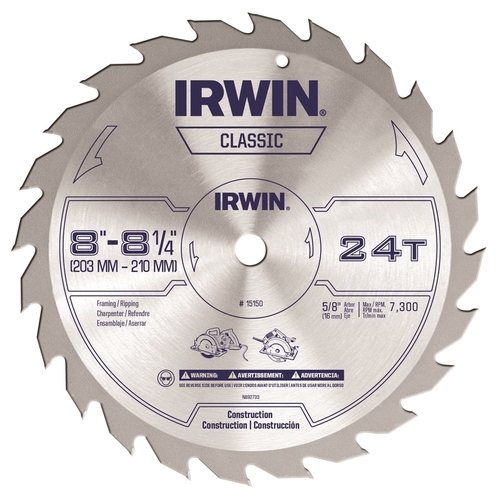 Circular Saw Blade, 8-1/4 in Dia, 5/8 in Arbor, 24-Teeth, Carbide Cutting Edge