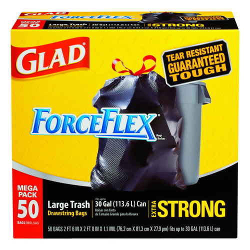 GLAD 78539 Trash Bags ForceFlex 30 gal Drawstring 50 pk 1.1 mil Black